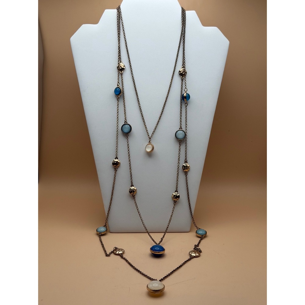 Multi‎ Strand Layered Necklace Blue White Cabochon Gold Tone Crescent Moon Logo